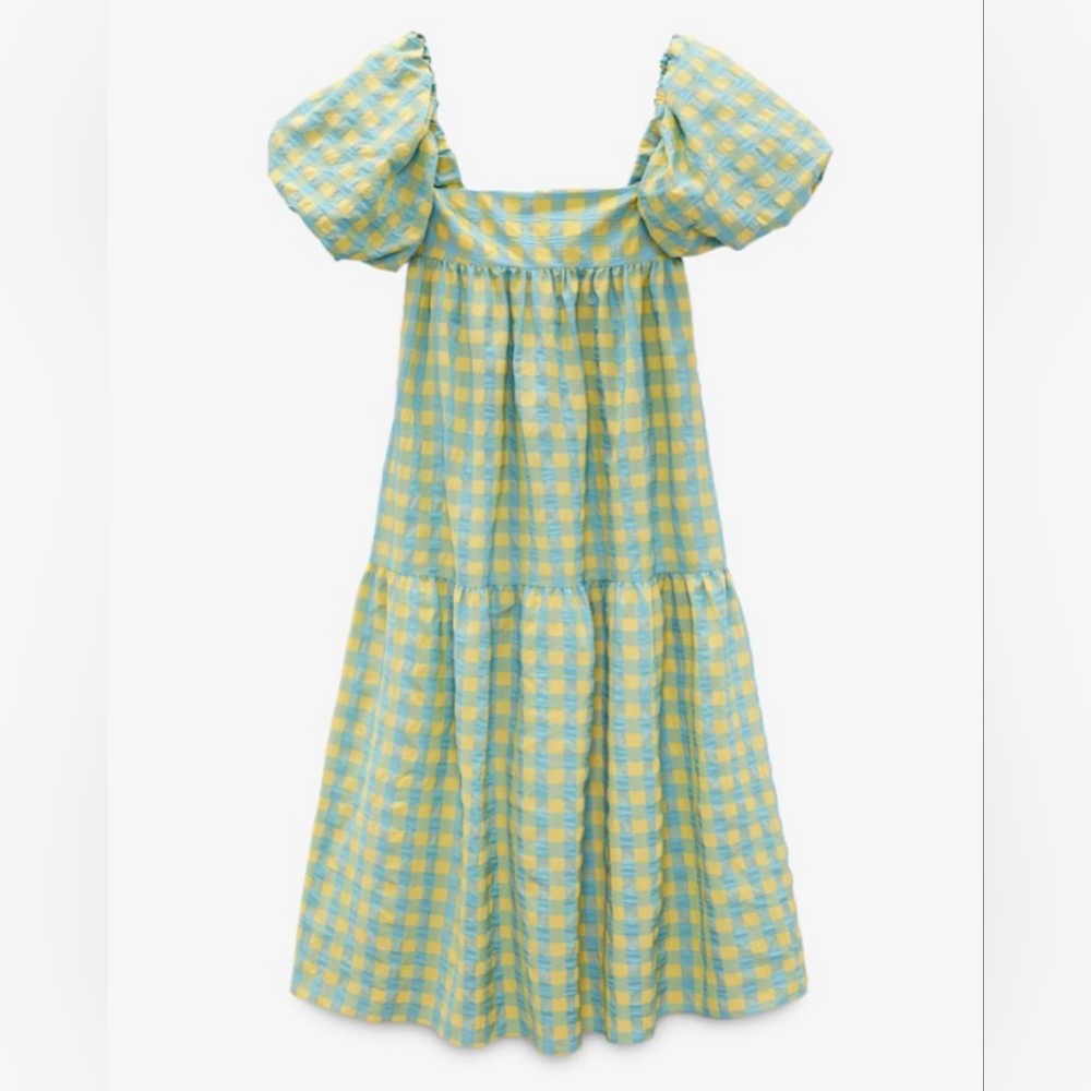 Zara Long Check Print Dress Panelled Puff Sleeve Green Yellow Blue - Medium - Picture 1 of 11